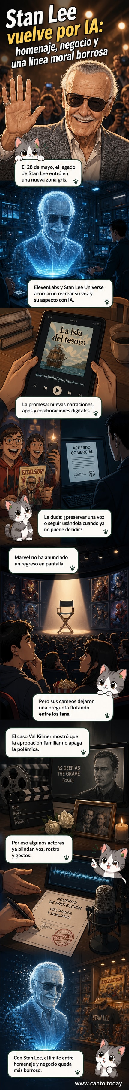 Ilustración de una versión digitalizada de Stan Lee con efectos de IA, frente a un fondo de cómics y circuitos.