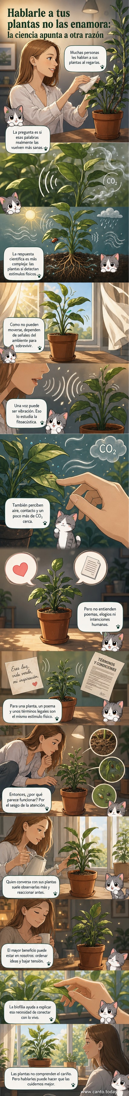 Ilustración de una persona hablándole a una planta en maceta, con ondas de sonido y moléculas de CO₂ visibles en el aire, estilo científico-divulgativo.