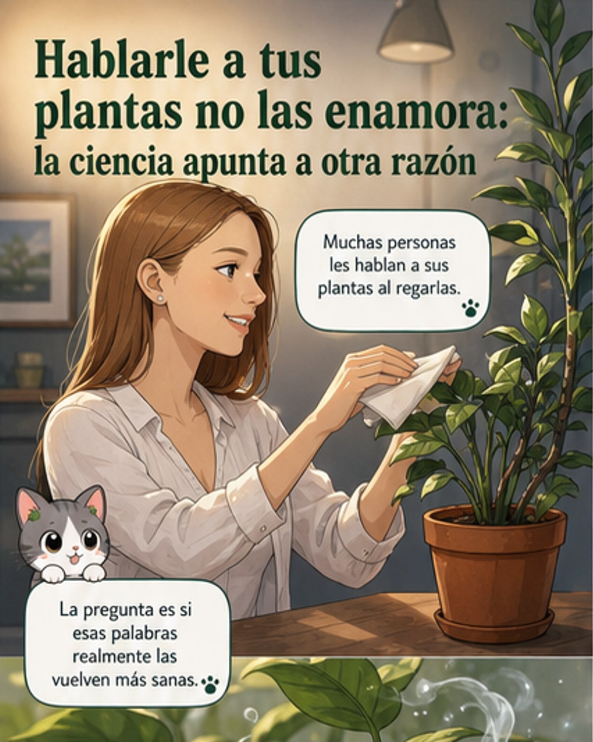 Ilustración de una persona hablándole a una planta en maceta, con ondas de sonido y moléculas de CO₂ visibles en el aire, estilo científico-divulgativo.