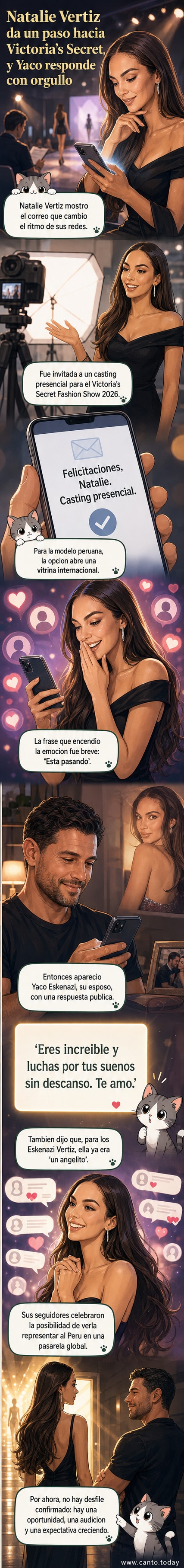 Natalie Vértiz sonríe frente a cámara durante su casting para Victoria’s Secret, con un correo de confirmación en pantalla y Yaco Eskenazi celebrando en redes sociales.