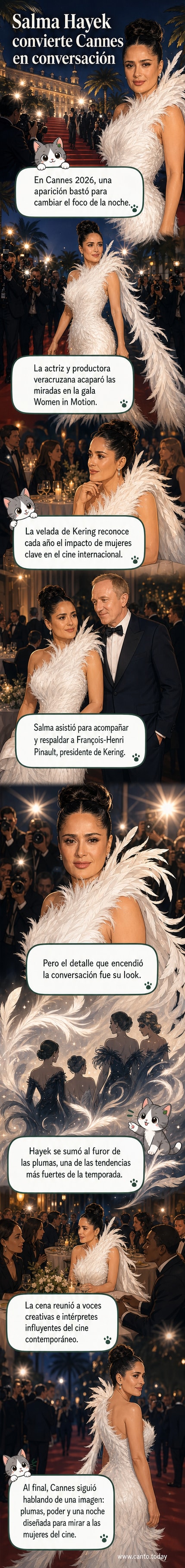 Salma Hayek posa en la alfombra roja de Cannes 2026 con un vestido elegante adornado con plumas, bajo luces de flashes y miradas de admiración.
