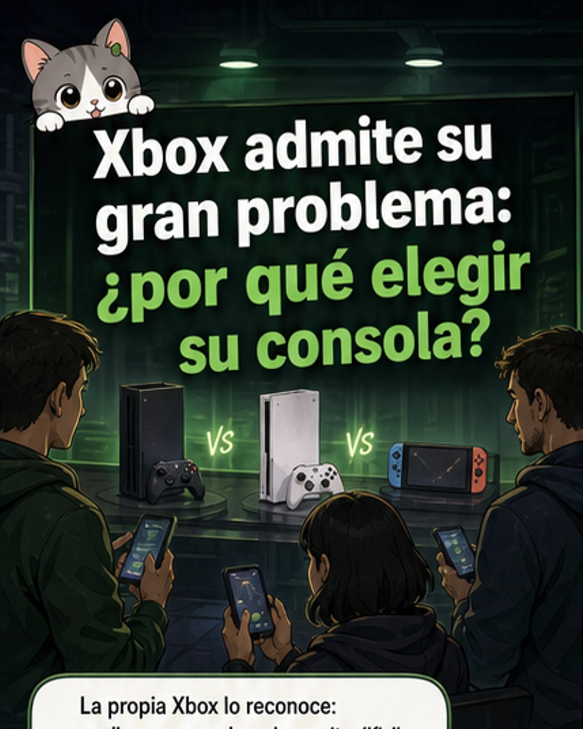 Ilustración de una consola Xbox con un signo de interrogación encima, rodeada de títulos de juegos y usuarios dudando entre plataformas.