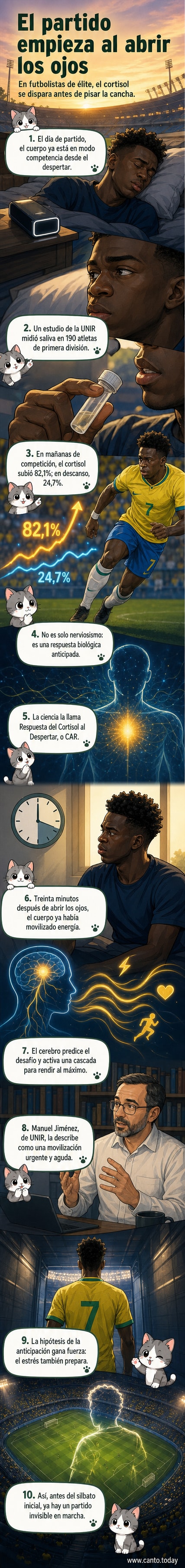 Ilustración de un futbolista despertando con gráficos hormonales que muestran el aumento de cortisol en su cuerpo antes del partido.