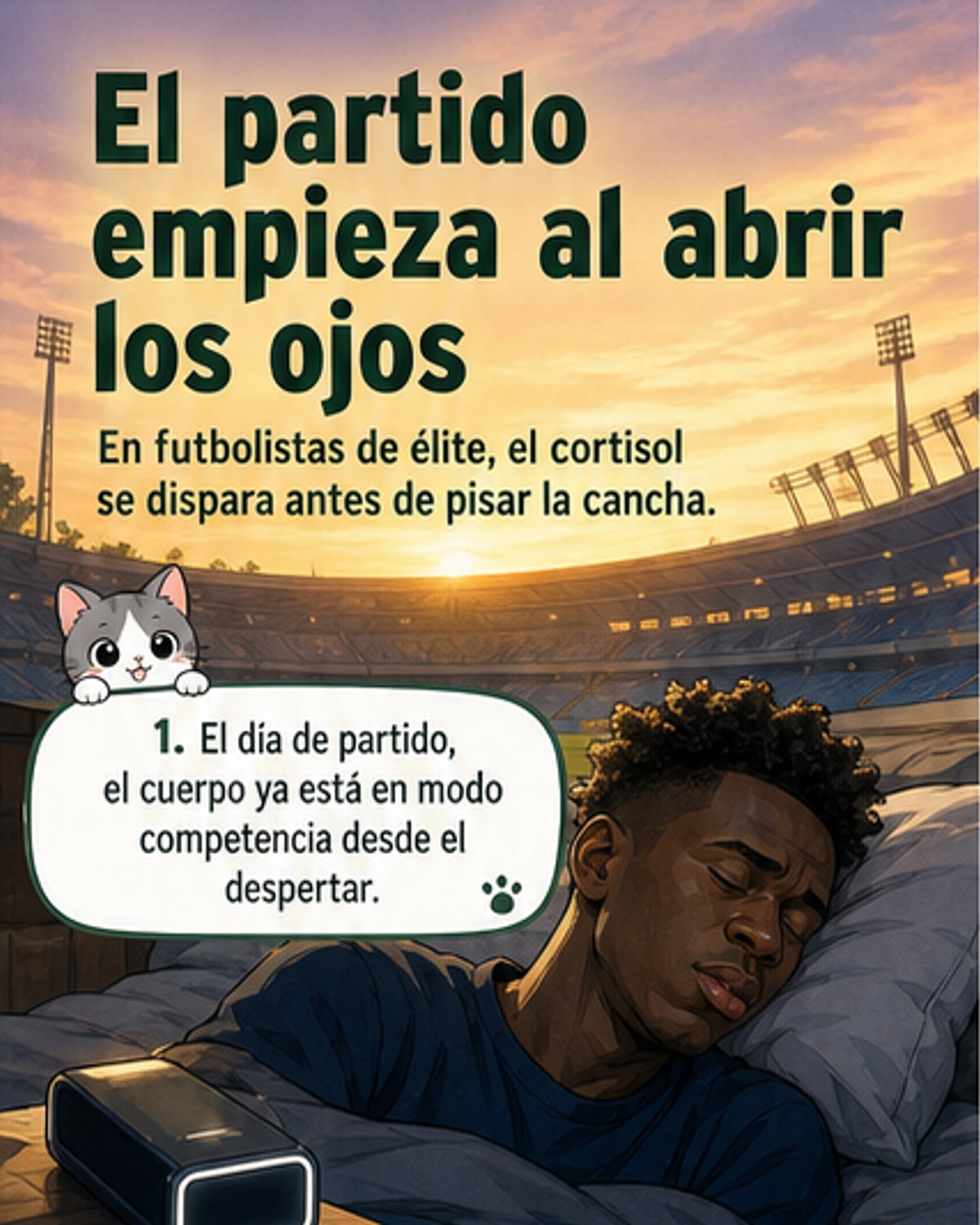 Ilustración de un futbolista despertando con gráficos hormonales que muestran el aumento de cortisol en su cuerpo antes del partido.