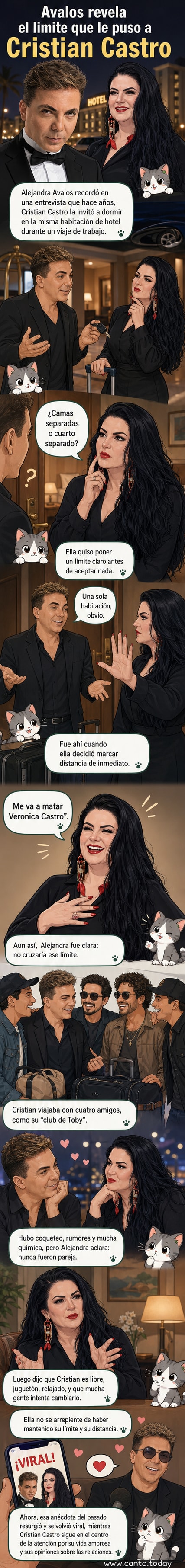 Ilustración de estilo caricatura que muestra a Alejandra Ávalos riendo mientras rechaza con una mano levantada una invitación de Cristian Castro, quien aparece en segundo plano junto a cuatro amigos, con un automóvil al fondo.