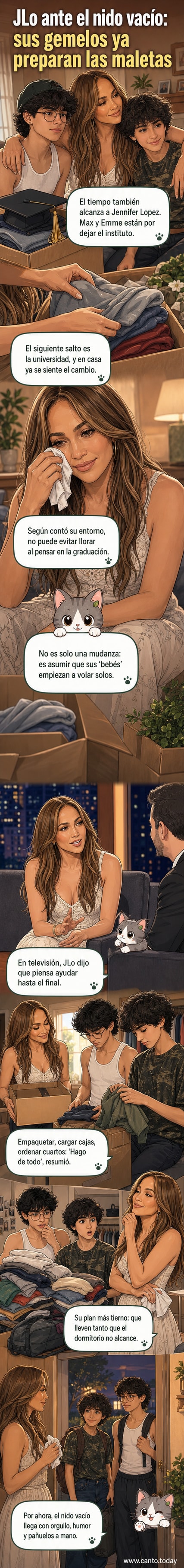 Jennifer López sonriendo con lágrimas en los ojos, rodeada de cajas de mudanza, mientras sus gemelos hacen las maletas para ir a la universidad.