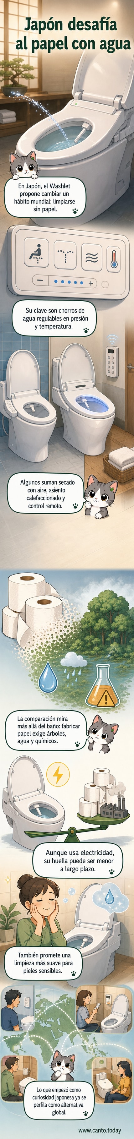 Ilustración de un inodoro inteligente japonés con funciones de limpieza con agua, secado de aire y asiento calefaccionado, en un baño moderno.