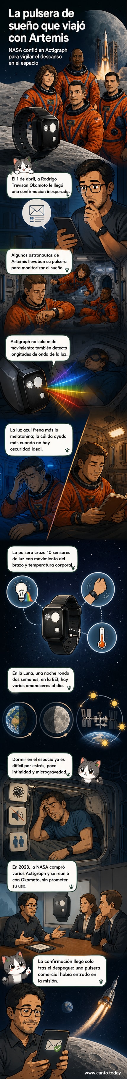 Representación ilustrada de una pulsera Actigraph en la muñeca de un astronauta flotando en el espacio, con la Luna de fondo y gráficos de luz y sueño proyectados alrededor.