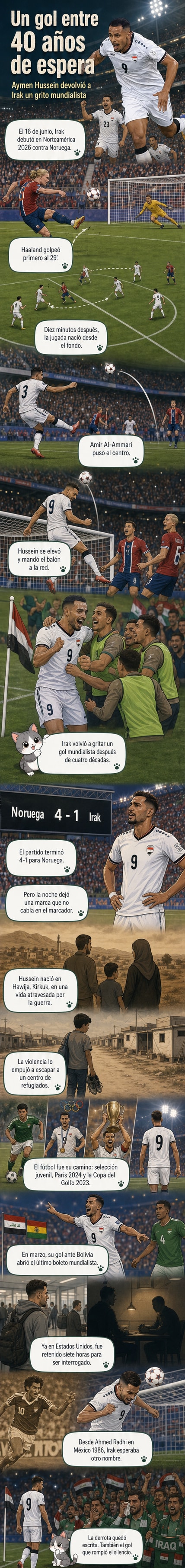 Ilustración de Aymen Hussein celebrando su gol en el Mundial 2026, con la camiseta de Irak y el estadio lleno de banderas, mientras recuerda su infancia en medio del conflicto.