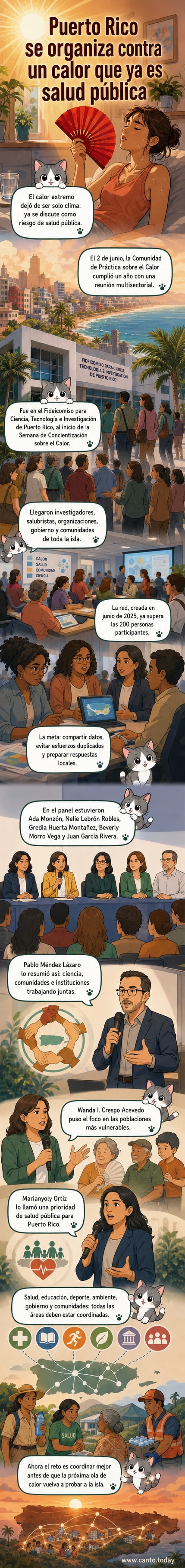 Ilustración de un grupo diverso de personas —incluyendo científicos, médicos y líderes comunitarios— colaborando bajo un sol intenso en Puerto Rico, con gráficos de temperatura de fondo.