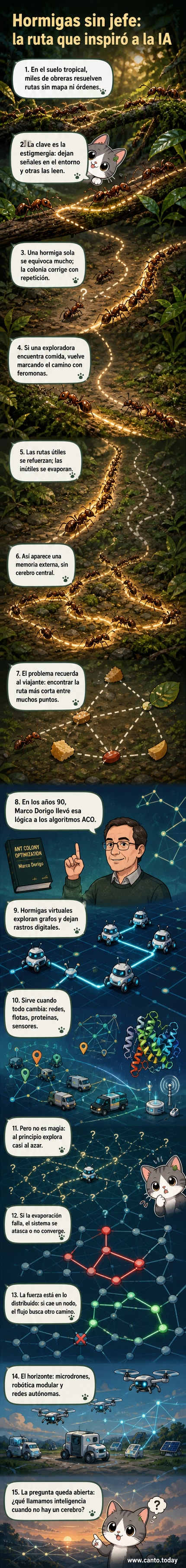 Ilustración de una colonia de hormigas siguiendo rutas entre árboles y rocas, con trazos químicos visibles en el suelo que convergen hacia una fuente de alimento, mientras en paralelo se muestra un diagrama de red digital con nodos y flujos similares.