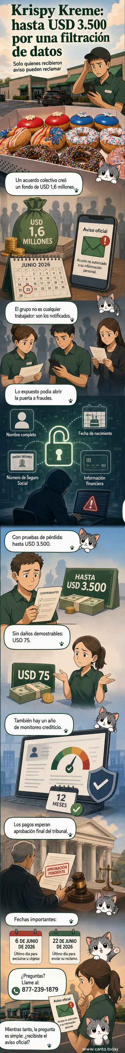 Ilustración de una caja de donas con candados rotos y datos personales flotando alrededor, representando una filtración de información en Krispy Kreme.