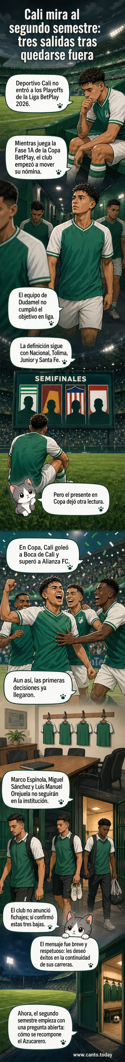 Ilustración de tres futbolistas despidiéndose de la afición de Deportivo Cali, con el estadio al fondo y una pancarta de despedida.