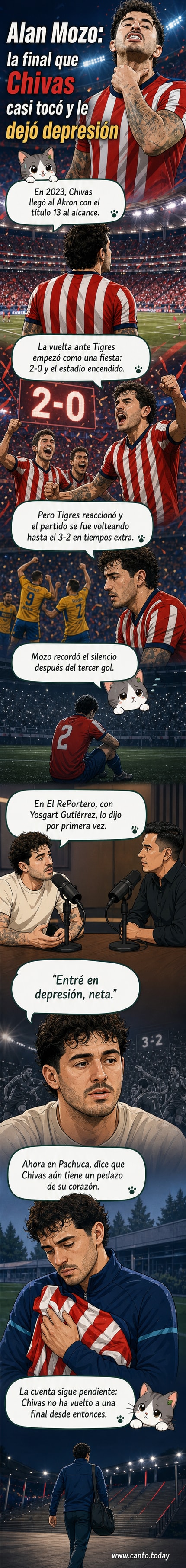Ilustración de Alan Mozo con la camiseta de Chivas, con expresión de tristeza tras la derrota en la final del Clausura 2023.