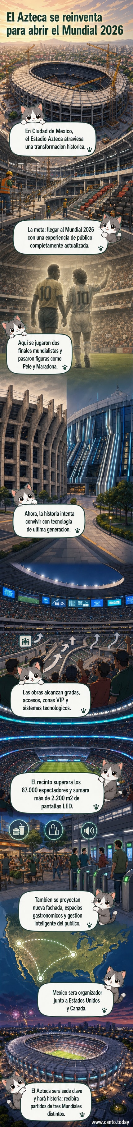 Ilustración del Estadio Azteca en Ciudad de México durante su remodelación, con estructuras modernas y pantallas LED, bajo un cielo nublado.