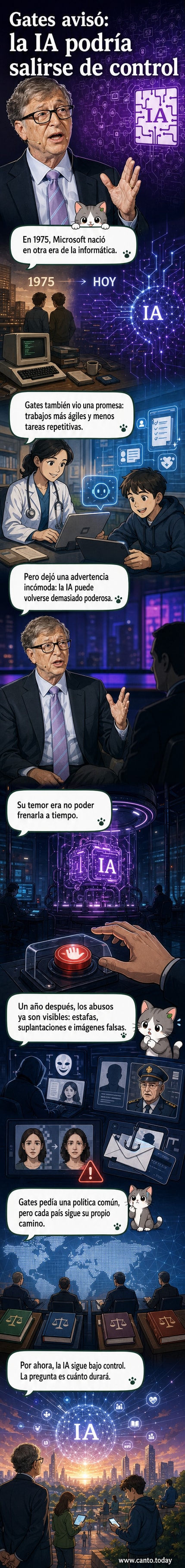 Ilustración de Bill Gates frente a una inteligencia artificial que crece hasta proyectar una sombra amenazante sobre ciudades y personas.