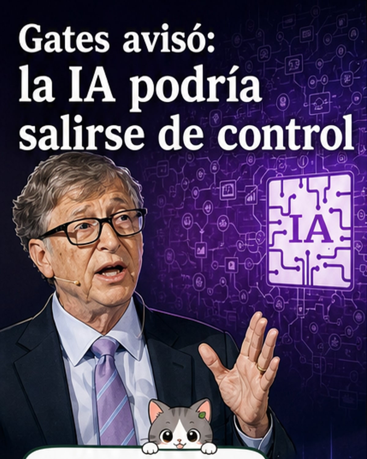 Ilustración de Bill Gates frente a una inteligencia artificial que crece hasta proyectar una sombra amenazante sobre ciudades y personas.