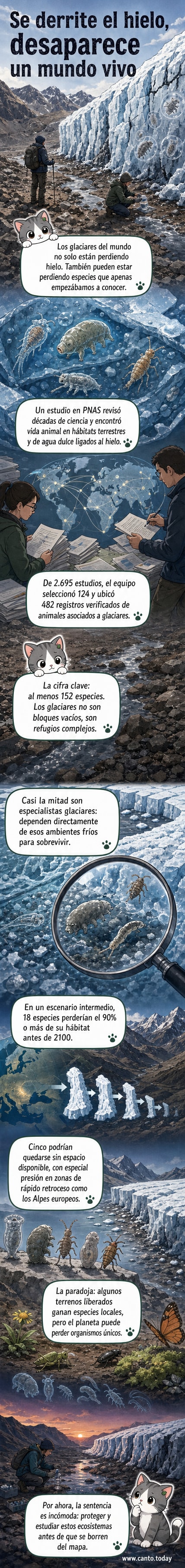 Ilustración de un glaciar con organismos microscópicos visibles bajo la superficie, mientras partes del hielo se derriten y revelan terreno rocoso expuesto.