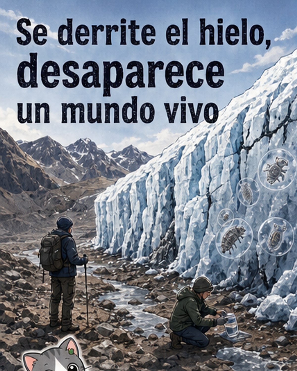 Ilustración de un glaciar con organismos microscópicos visibles bajo la superficie, mientras partes del hielo se derriten y revelan terreno rocoso expuesto.