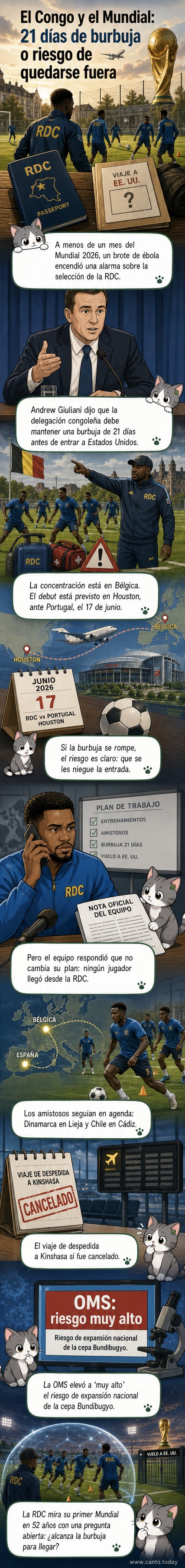 Ilustración de un estadio de fútbol con una bandera del Congo ondeando, rodeado por símbolos médicos de alerta sanitaria como jeringas y cruces rojas.