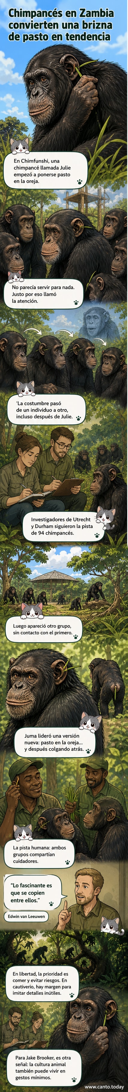 Ilustración de un chimpancé con una brizna de pasto en la oreja, mirando con curiosidad, mientras otros en el fondo hacen lo mismo.