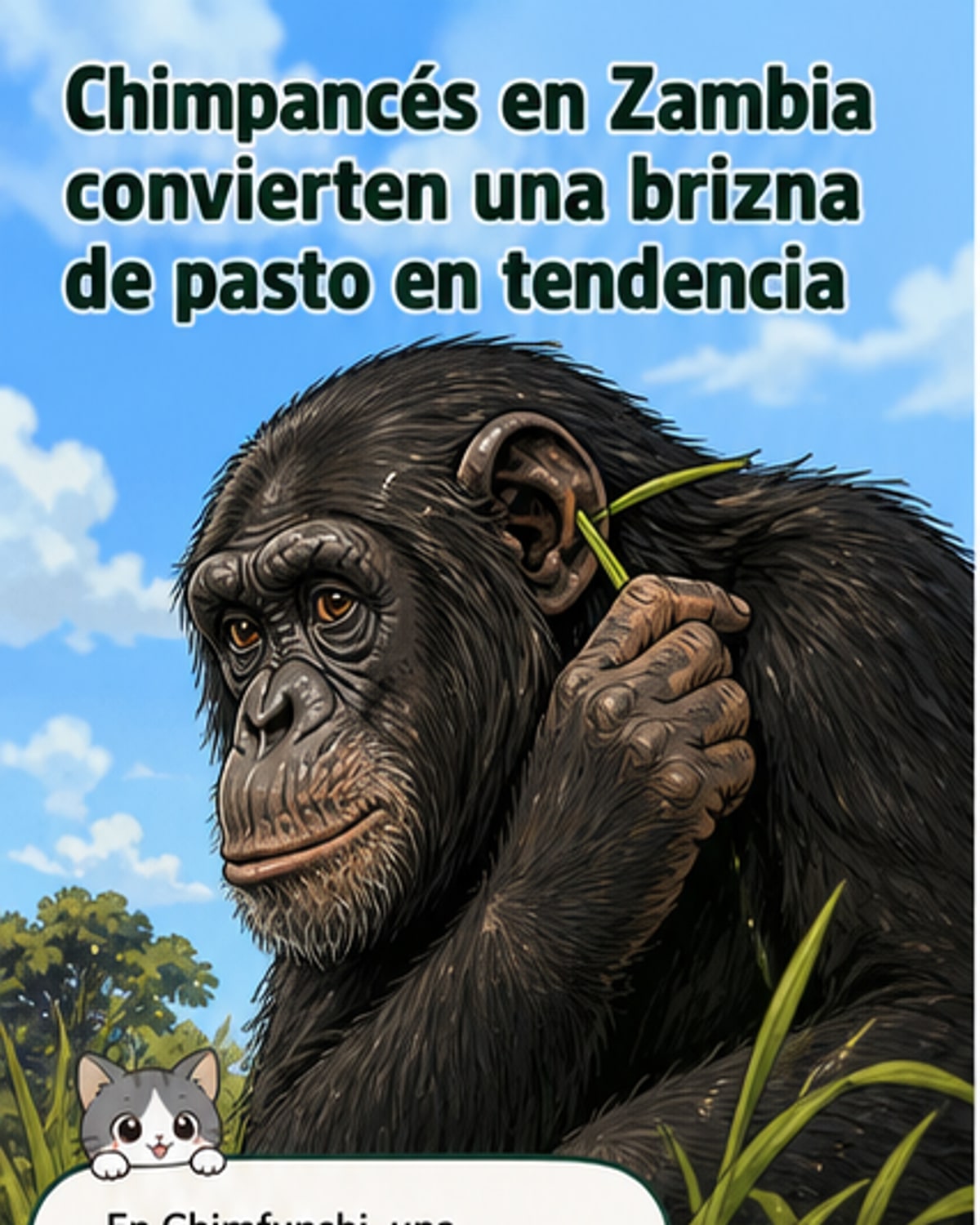 Ilustración de un chimpancé con una brizna de pasto en la oreja, mirando con curiosidad, mientras otros en el fondo hacen lo mismo.
