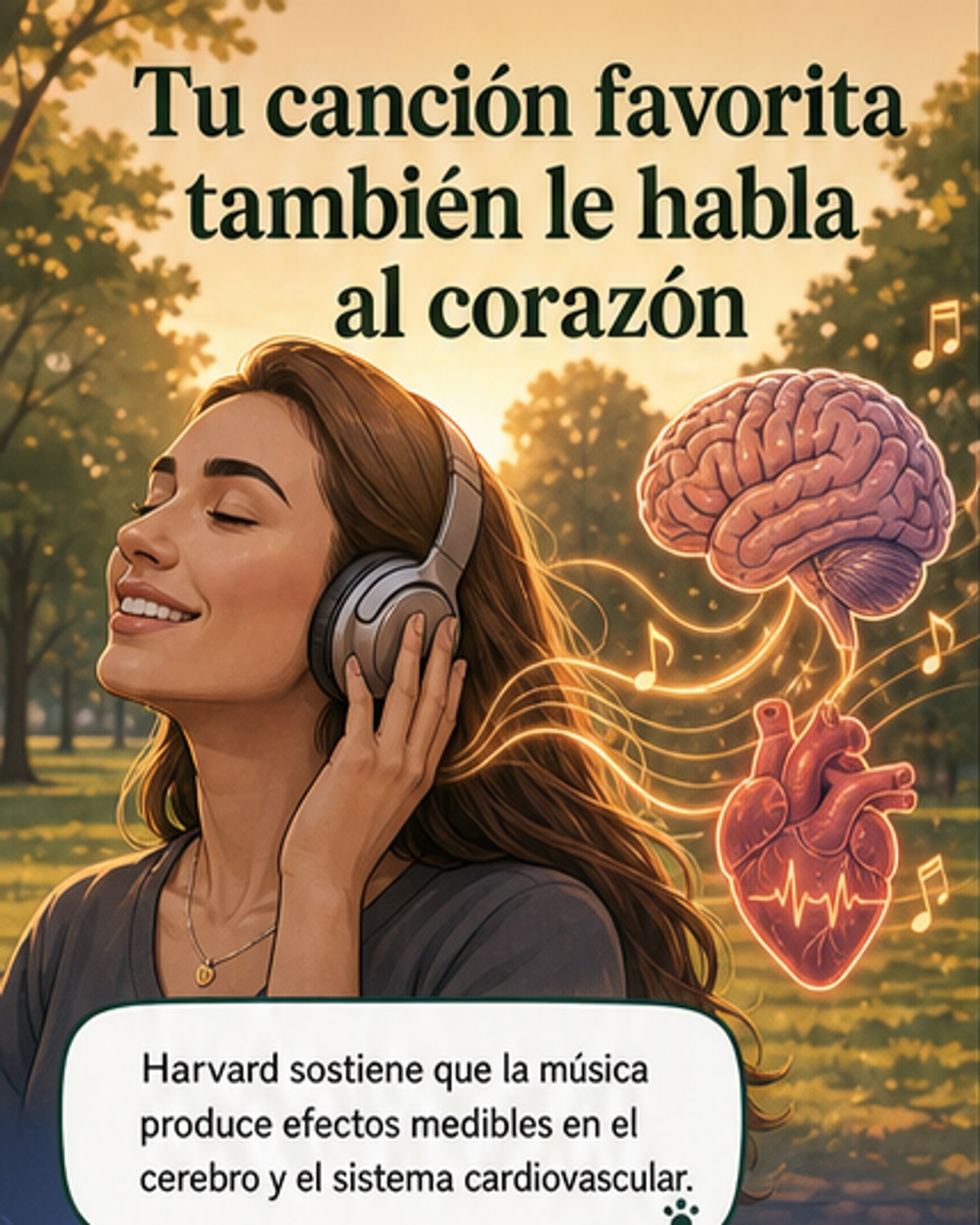 Ilustración de un cerebro y un corazón conectados por ondas musicales, con destellos en áreas activas mientras suena una canción favorita.