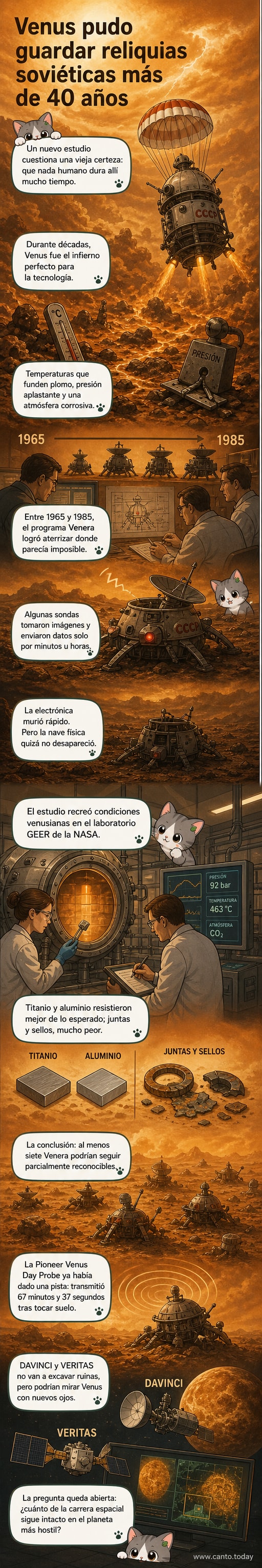 Ilustración de una sonda soviética Venera parcialmente cubierta por el terreno árido y nublado de Venus, con estructura metálica visible bajo condiciones extremas.