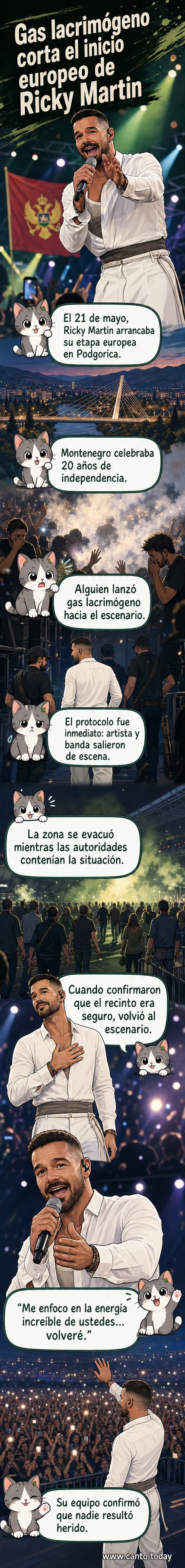 Ricky Martin en el escenario durante su concierto en Montenegro, momentos antes de que fuera interrumpido por un ataque con gas lacrimógeno.