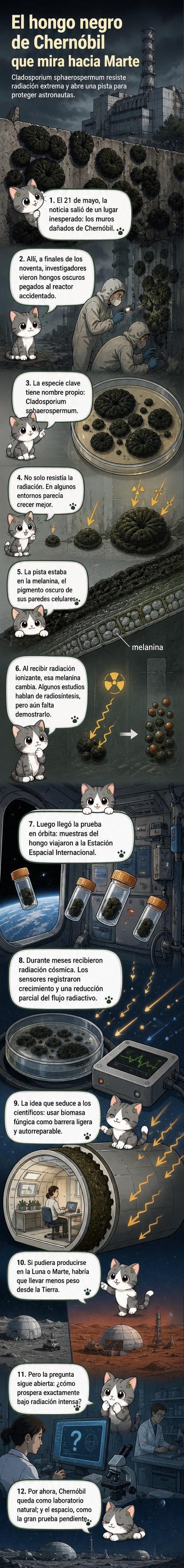 Ilustración de un hongo negro creciendo en la pared de un reactor nuclear con rayos de radiación, y astronautas en el espacio con una capa protectora de micelio.