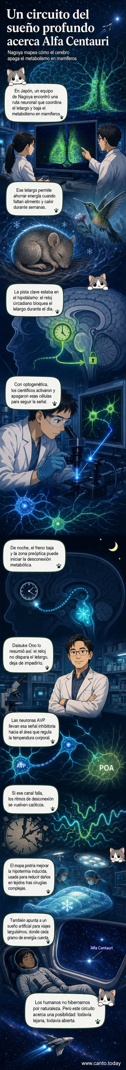 Ilustración de un cerebro con destaque en el hipotálamo y las neuronas AVP, mostrando la conexión con el área preóptica que regula el letargo y el metabolismo.