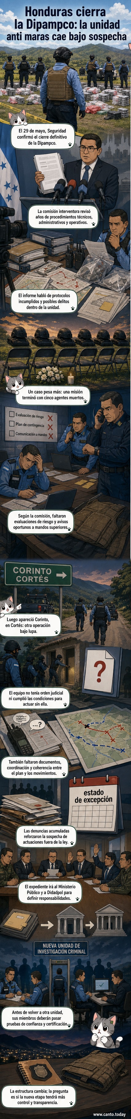 Ilustración de una unidad policial disuelta en Honduras, con documentos marcados como 'confidencial' y agentes en operación fallida.