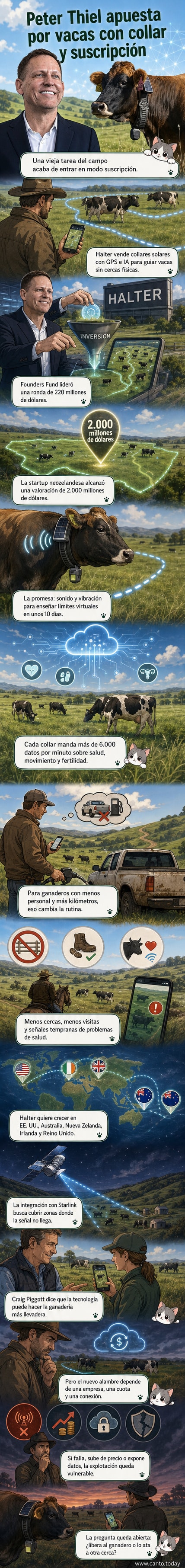 Ilustración de una vaca con un collar inteligente solar en un campo abierto, con iconos de GPS, datos y energía solar flotando alrededor.