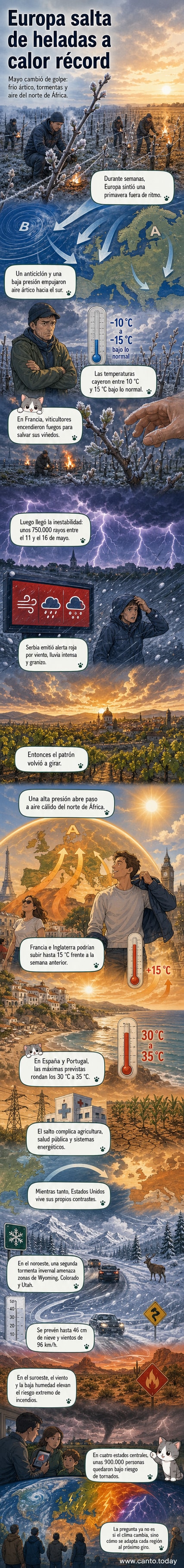 Ilustración de contraste climático: un lado muestra nieve en primavera en un parque nacional, el otro lado representa una ola de calor en una ciudad europea, con rayos en el cielo intermedio.