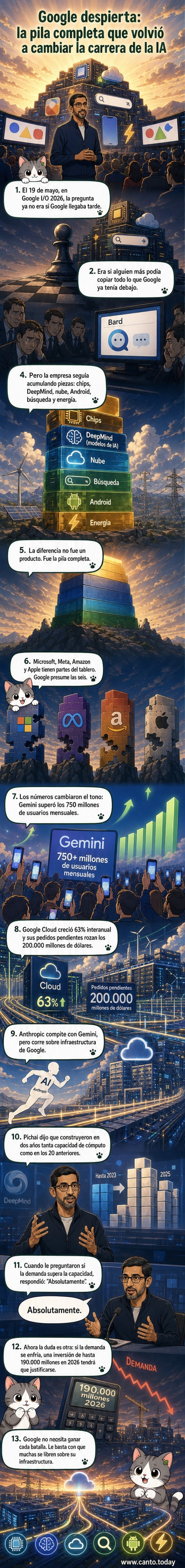 Ilustración de Google como centro de un ecosistema tecnológico, con chips, nube, modelos de IA y dispositivos conectados irradiando desde su logo.