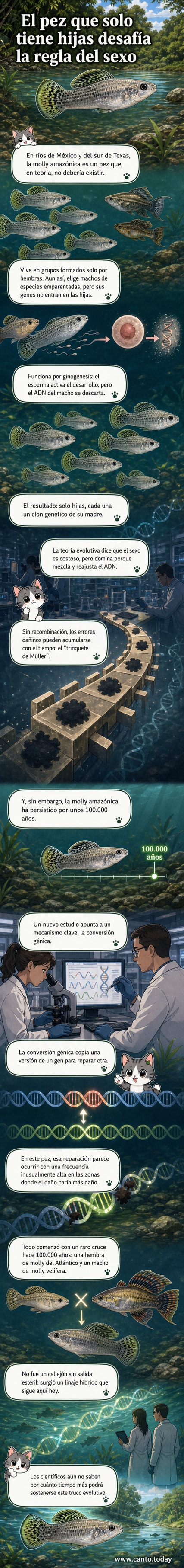 Un pez plateado nadando entre otros en un río, con texto que destaca su reproducción sin machos.