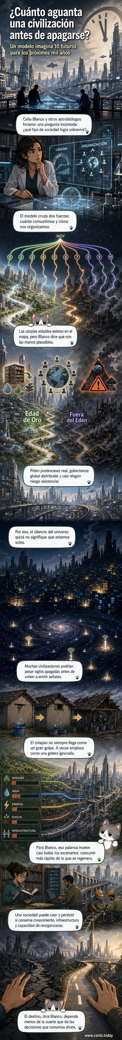 Ilustración de una ciudad antigua y futurista derrumbándose bajo una lluvia ligera, con una gotera en el techo de un edificio simbólico, mientras un reloj marcando '1000 años' gira en el cielo.