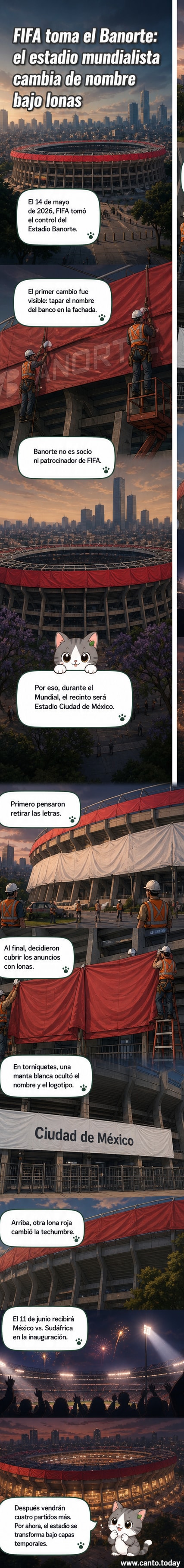 Estadio Banorte cubierto con lonas rojas y blancas que ocultan el nombre del patrocinador y muestran 'Estadio Ciudad de México' para el Mundial 2026.
