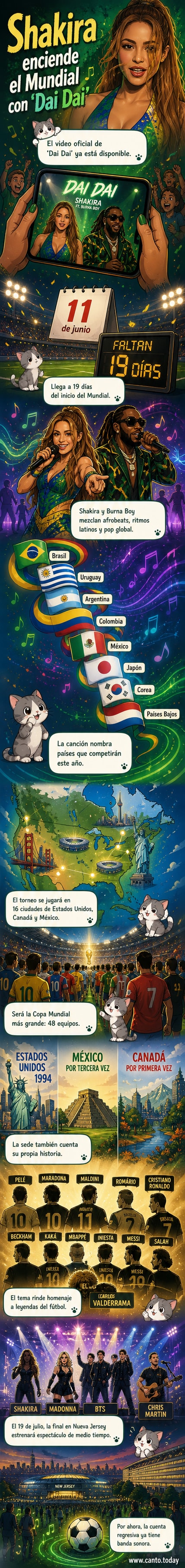 Portada del video musical 'Dai Dai' de Shakira y Burna Boy, con escenas de fútbol mundial, globos multicolores y artistas en escena festiva.