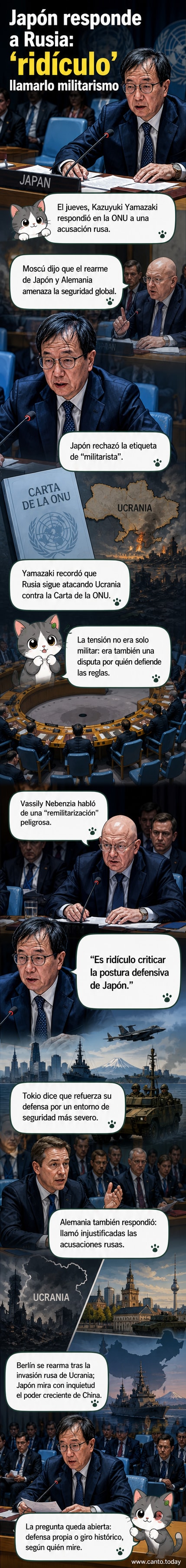 Ilustración de un embajador japonés hablando en la ONU, con fondo de banderas y carteles que muestran tensión entre Japón, Rusia y Ucrania.