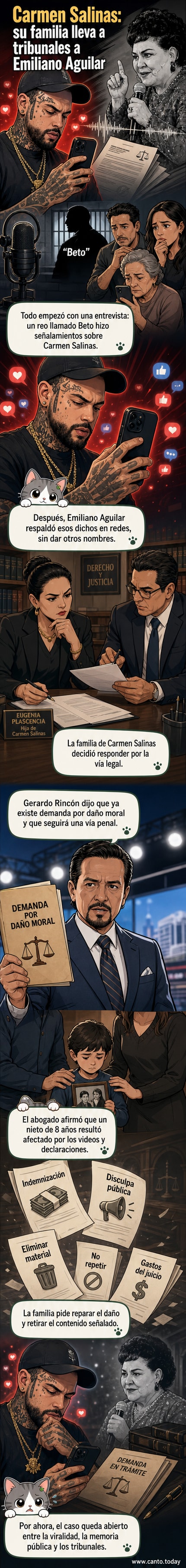 Ilustración de una familia enfrentando una tormenta mediática, con imágenes de redes sociales y micrófonos de fondo.