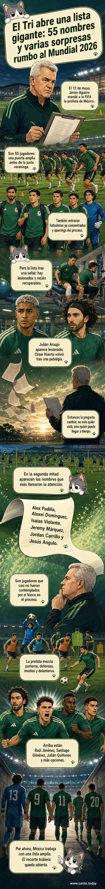 Ilustración de un campo de fútbol con 11 siluetas de jugadores del Tri, al fondo una bandera de México y el texto 'Prelista Mundial 2026'