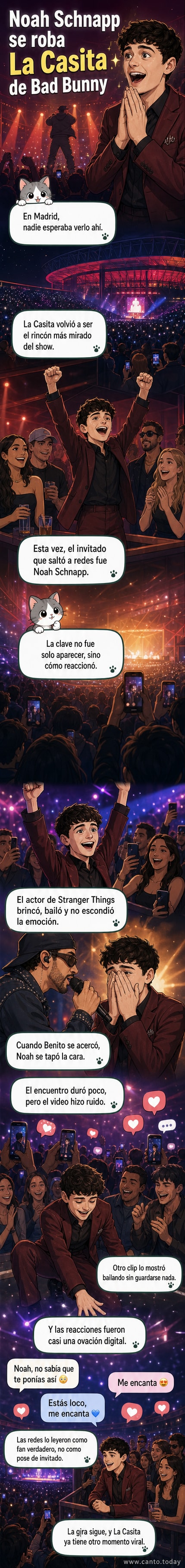 Captura de video de Noah Schnapp saltando y cubriéndose el rostro mientras Bad Bunny se acerca en su concierto en Madrid.