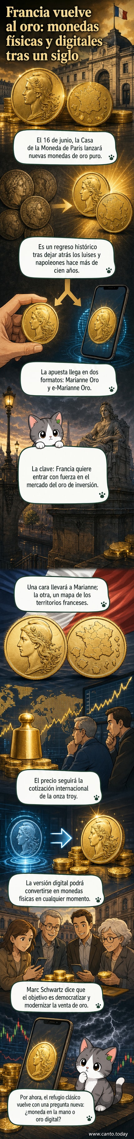 Ilustración de una moneda dorada con la figura de Marianne y un mapa de Francia, junto a un ícono digital que representa la versión tokenizada.