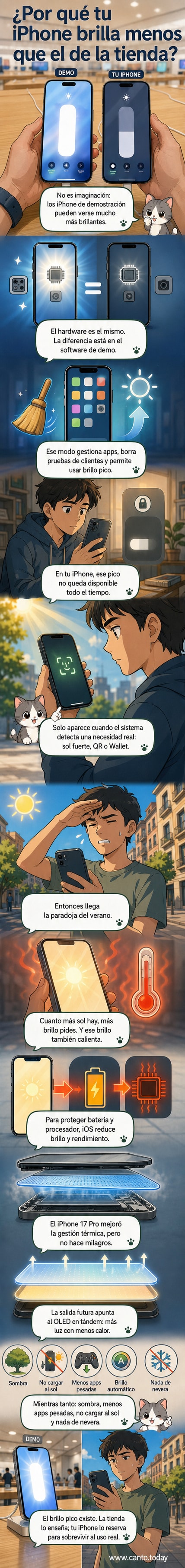 Ilustración comparando un iPhone en una Apple Store con brillo máximo constante y un iPhone personal que reduce brillo por calor