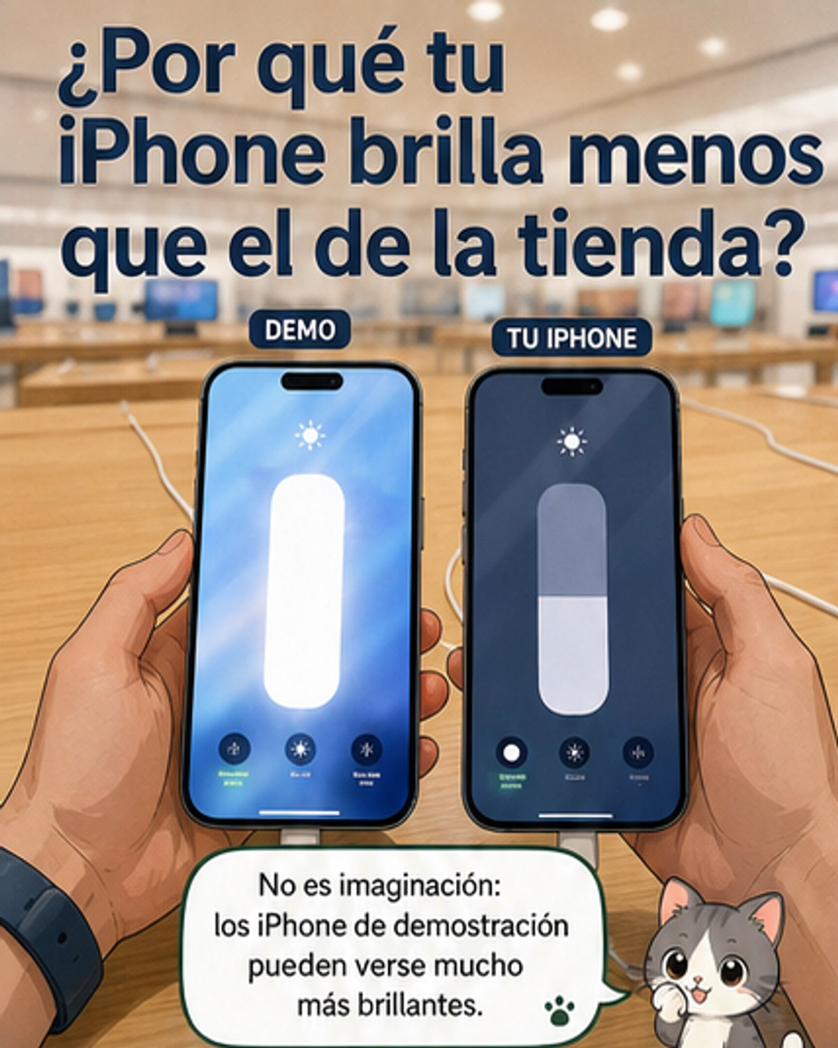 Ilustración comparando un iPhone en una Apple Store con brillo máximo constante y un iPhone personal que reduce brillo por calor