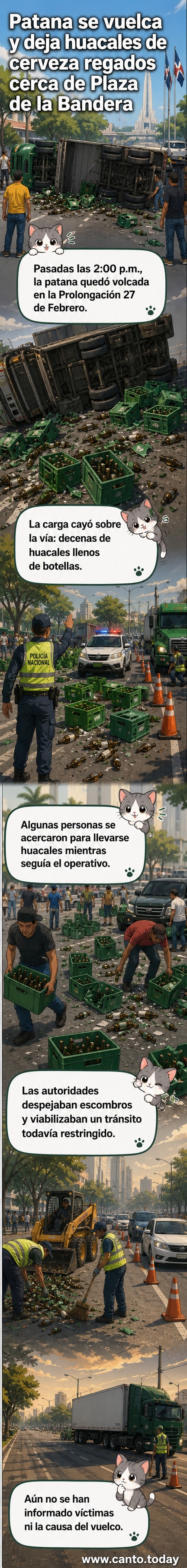 Una patana volcada en medio de la avenida con cajas de cerveza esparcidas y personas recogiendo botellas mientras tránsito se detiene.
