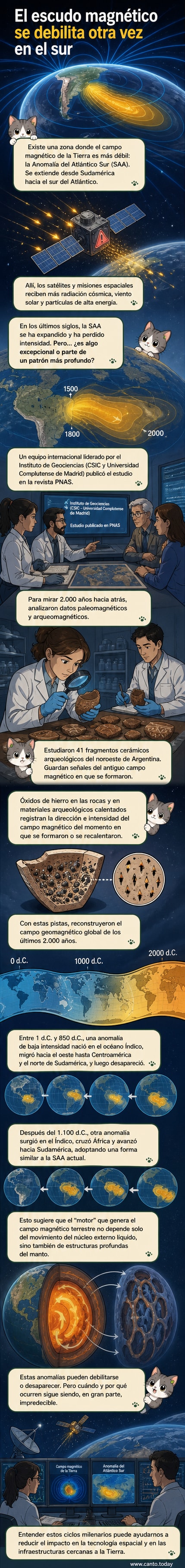 Ilustración de la Tierra con una zona extendida de campo magnético débil en el hemisferio sur, mostrando partículas solares impactando satélites en órbita baja.