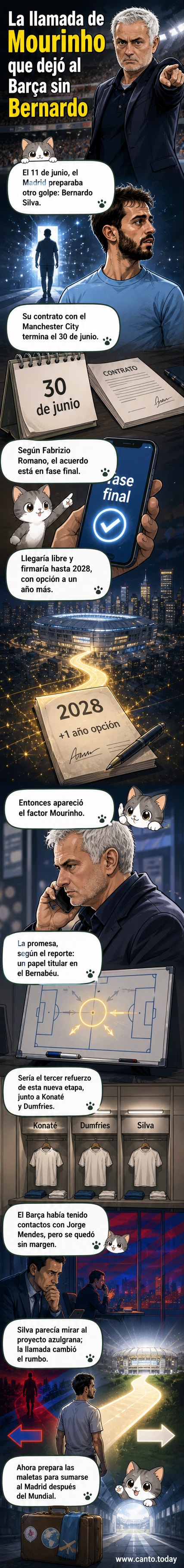 Ilustración de Bernardo Silva con la camiseta del Real Madrid, junto a José Mourinho en el estadio Santiago Bernabéu.