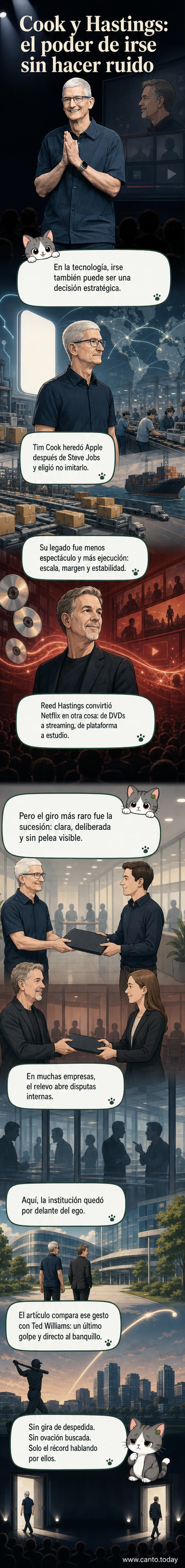 Ilustración de Tim Cook y Reed Hastings caminando juntos hacia un pasillo vacío, con puertas de oficinas cerrándose tras ellos, simbolizando una salida ordenada y sin fanfarria.